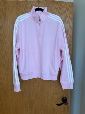 adidas Light Pink Quarter-Zip Pullover with White Stripes